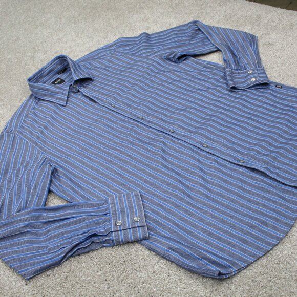 BOSS Hugo Boss Shirt Mens Large Blue/Gray Striped "Lex" Cotton L/S Button Up - Picture 6 of 13